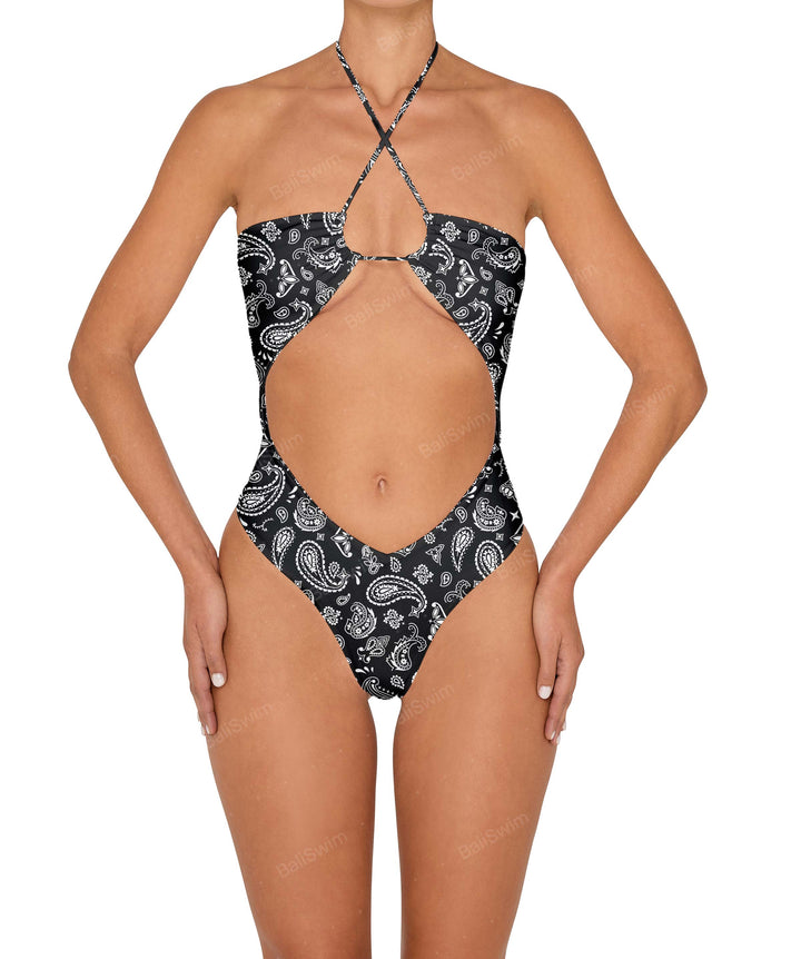BSWS-S82 Halter Tie Neck One Piece With Center Front Cutout