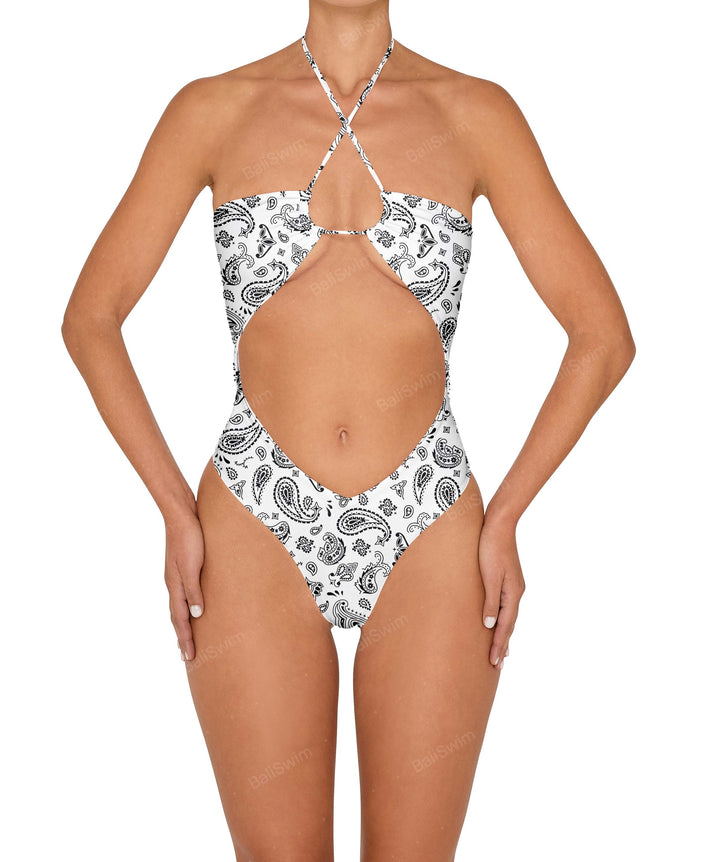 BSWS-S82 Halter Tie Neck One Piece With Center Front Cutout