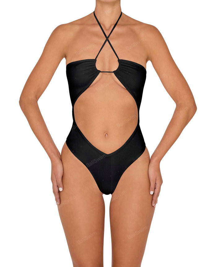 BSWS-S82 Halter Tie Neck One Piece With Center Front Cutout