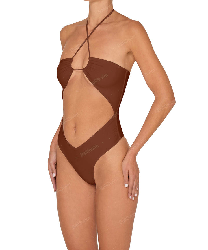 BSWS-S82 Halter Tie Neck One Piece With Center Front Cutout