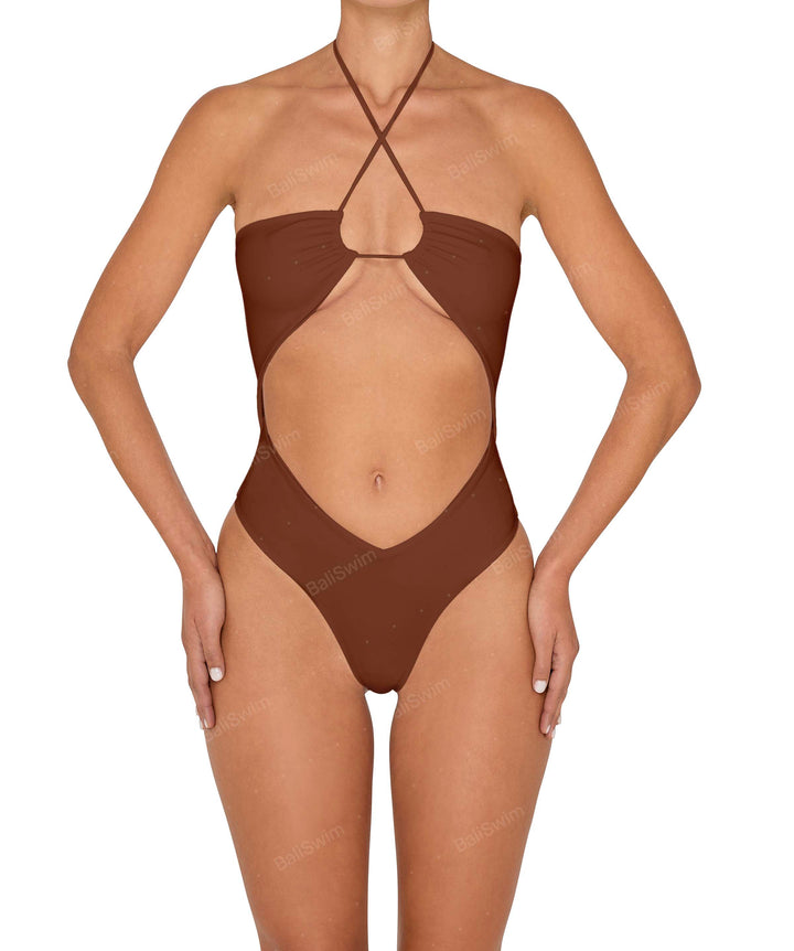 BSWS-S82 Halter Tie Neck One Piece With Center Front Cutout