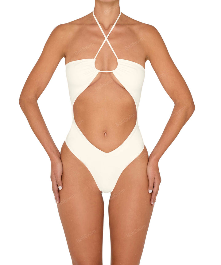 BSWS-S82 Halter Tie Neck One Piece With Center Front Cutout