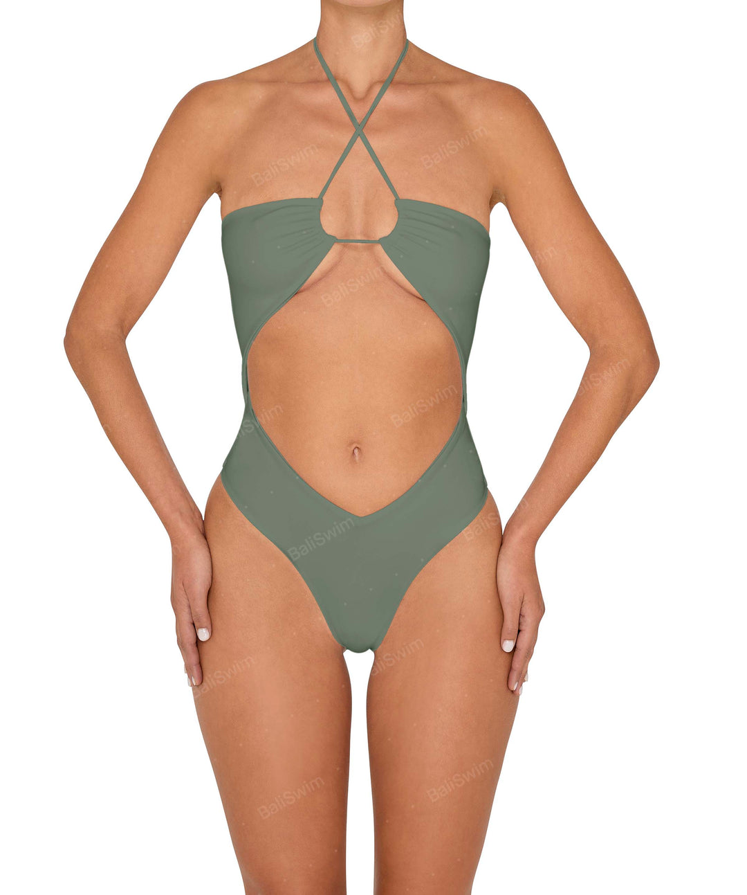 BSWS-S82 Halter Tie Neck One Piece With Center Front Cutout