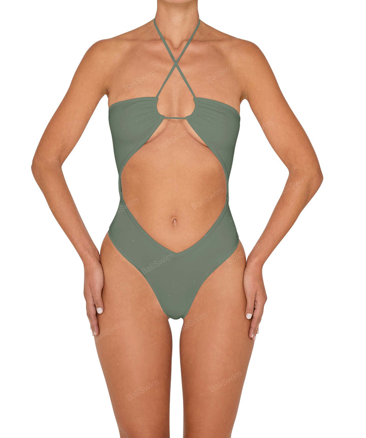BSWS-S82 Halter Tie Neck One Piece With Center Front Cutout
