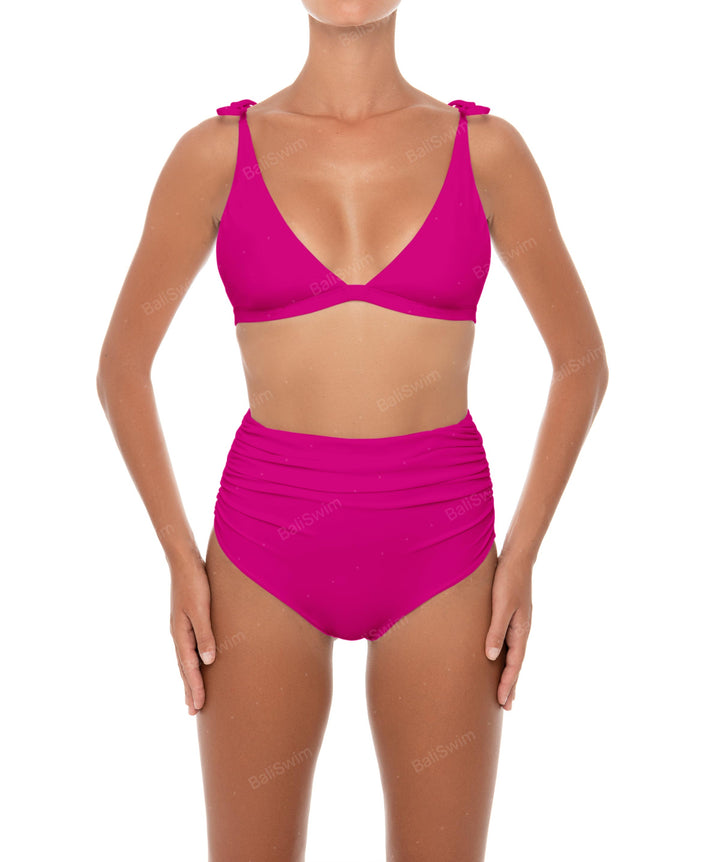 BSWS-TB31rs Tie Shoulder Bikini Top & Gathered High Rise Bikini Bottom - Ready Stock Bundle Set