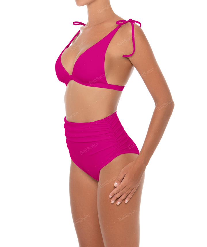 BSWS-TB31rs Tie Shoulder Bikini Top & Gathered High Rise Bikini Bottom - Ready Stock Bundle Set
