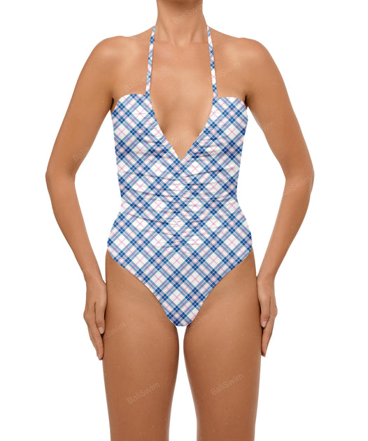 Blue Plaid Print One Piece Swimsuite