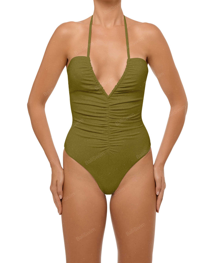 BSWS-S60 Plunge Neck Ruched Front One Piece