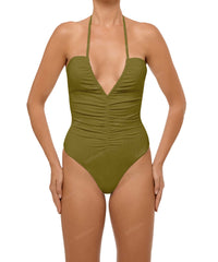BSWS-S60 Plunge Neck Ruched Front One Piece