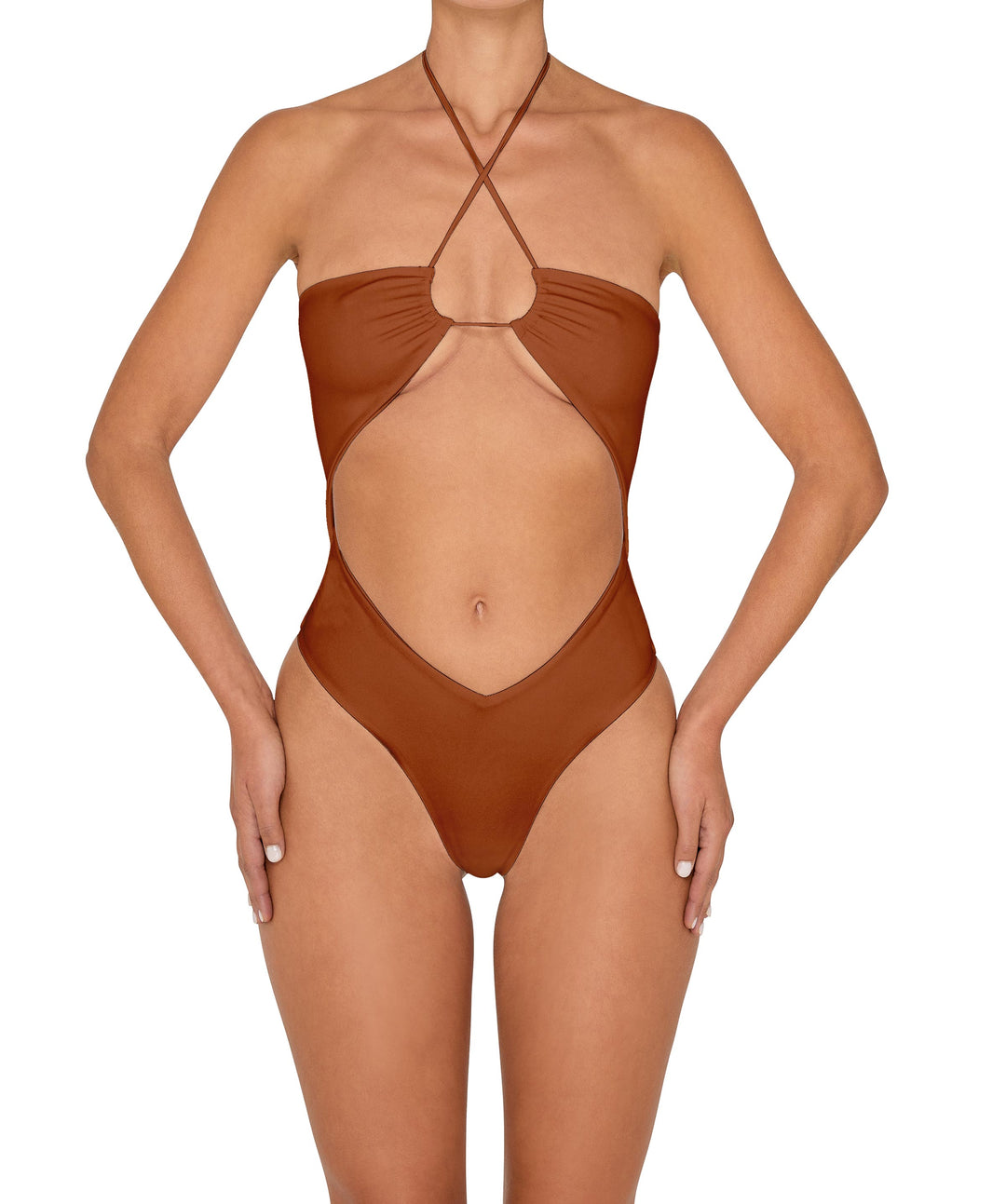 BSWS-S82 Halter Tie Neck One Piece With Center Front Cutout