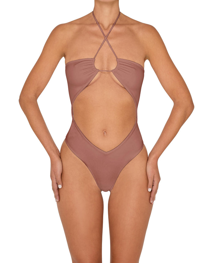 BSWS-S82 Halter Tie Neck One Piece With Center Front Cutout