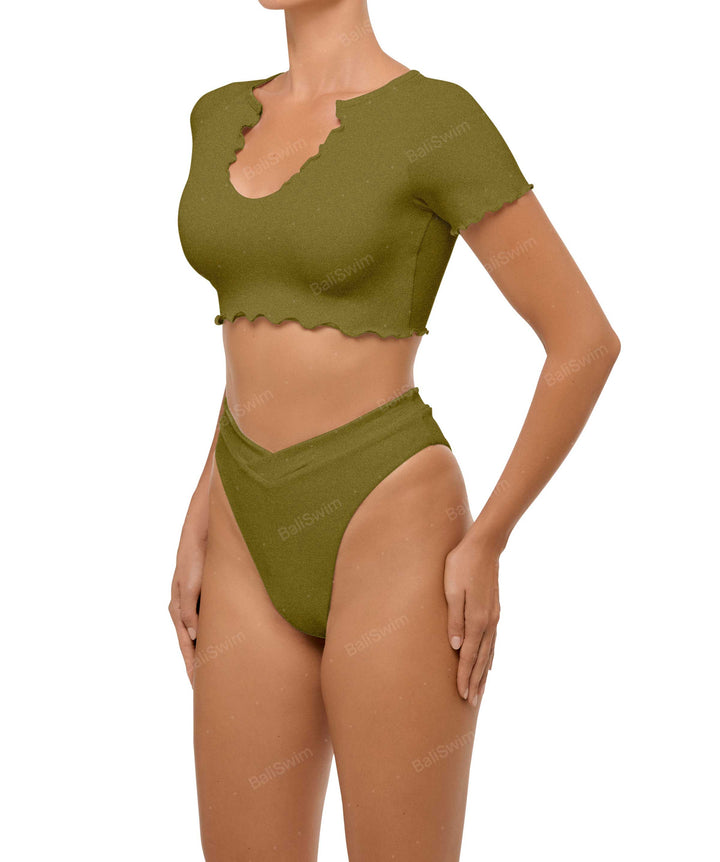 BSWS-T101 Lettuce Edge U-neck Cropped Tankini