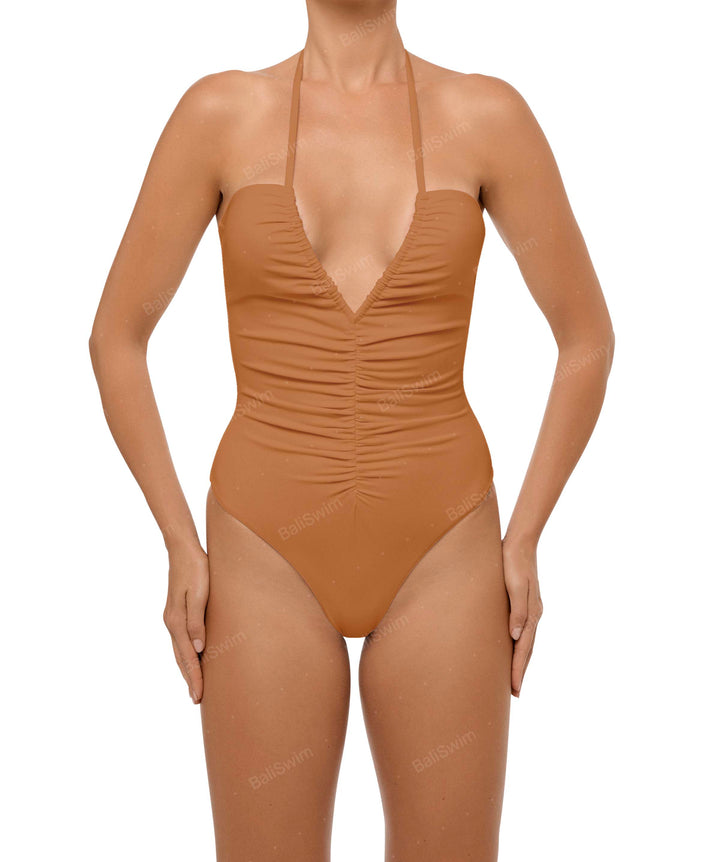 BSWS-S60 Plunge Neck Ruched Front One Piece