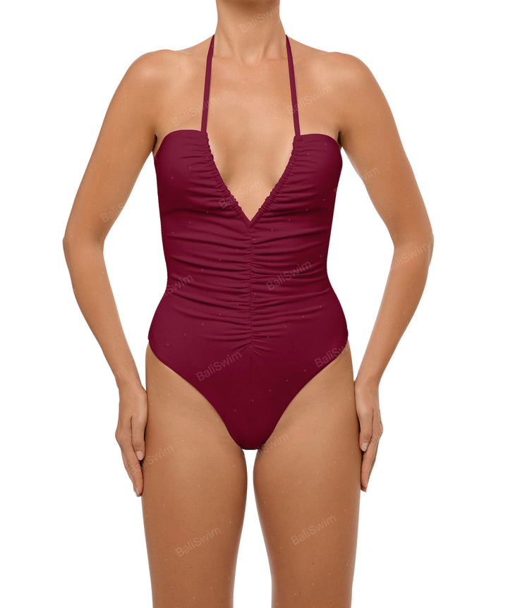 BSWS-S60 Plunge Neck Ruched Front One Piece