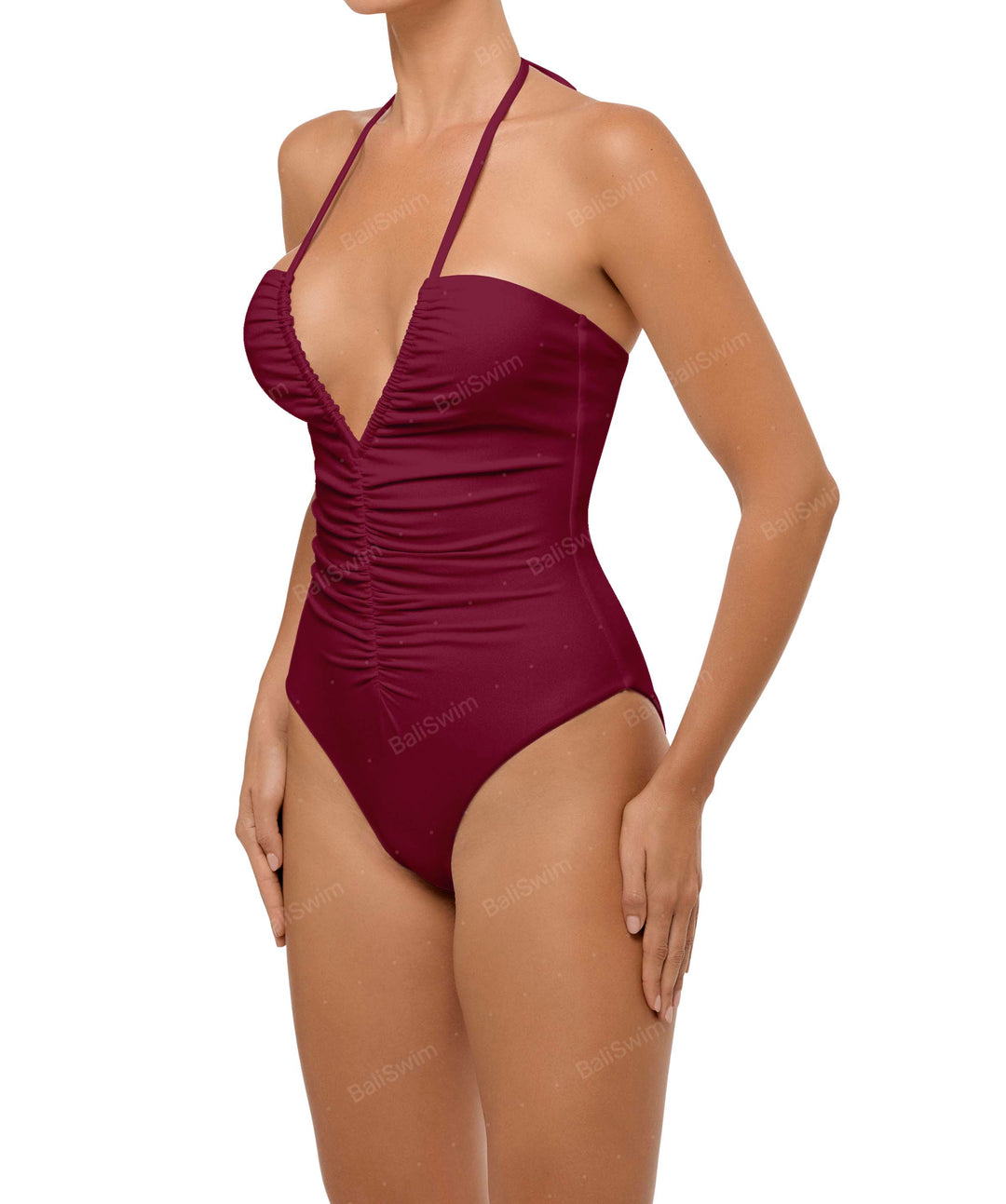 BSWS-S60 Plunge Neck Ruched Front One Piece