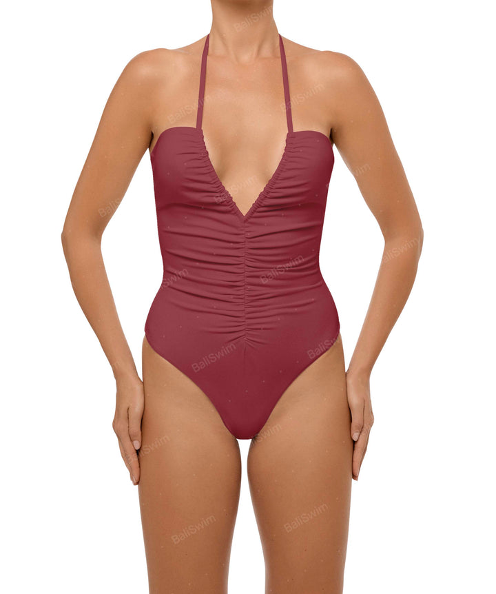 BSWS-S60 Plunge Neck Ruched Front One Piece