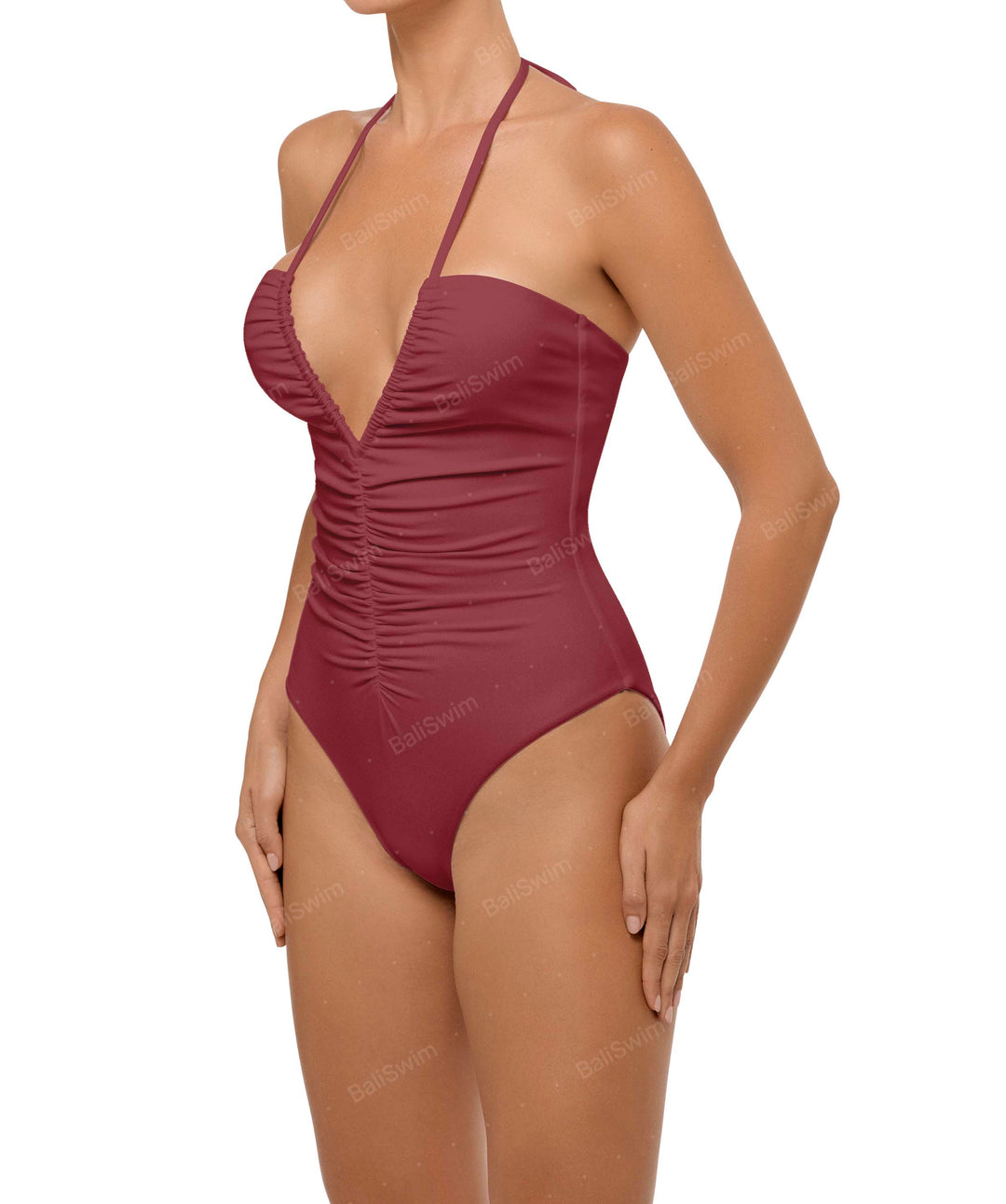 BSWS-S60 Plunge Neck Ruched Front One Piece