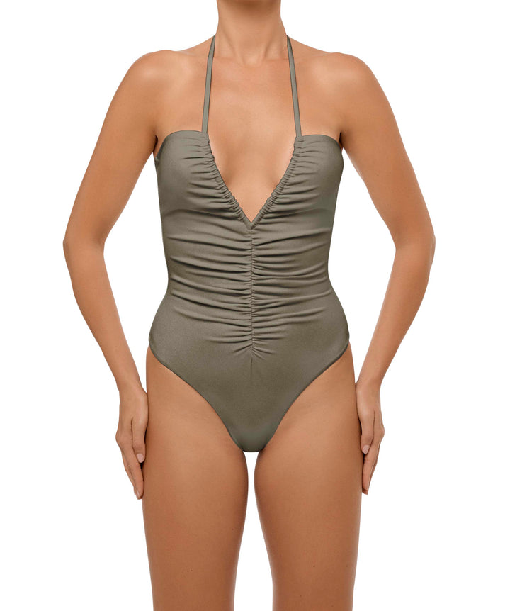 BSWS-S60 Plunge Neck Ruched Front One Piece