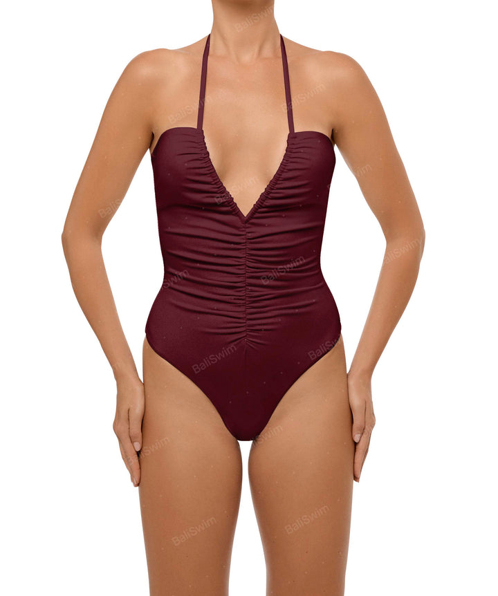 BSWS-S60 Plunge Neck Ruched Front One Piece
