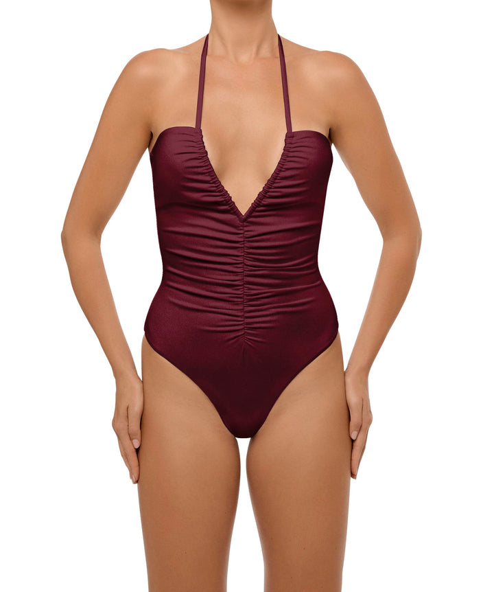 BSWS-S60 Plunge Neck Ruched Front One Piece