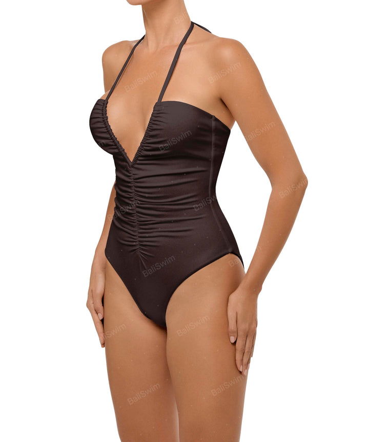 BSWS-S60 Plunge Neck Ruched Front One Piece