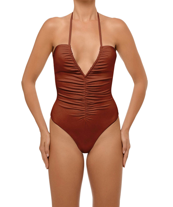BSWS-S60 Plunge Neck Ruched Front One Piece