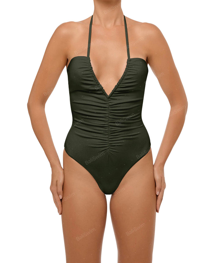 BSWS-S60 Plunge Neck Ruched Front One Piece
