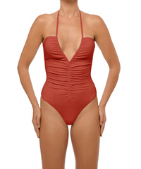 BSWS-S60 Plunge Neck Ruched Front One Piece