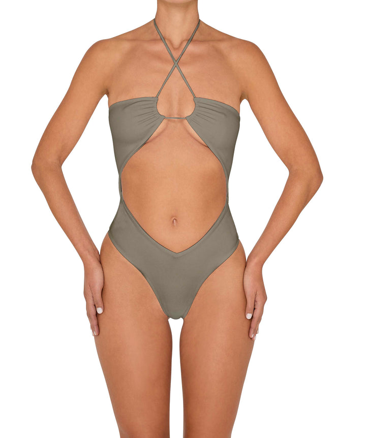 BSWS-S82 Halter Tie Neck One Piece With Center Front Cutout