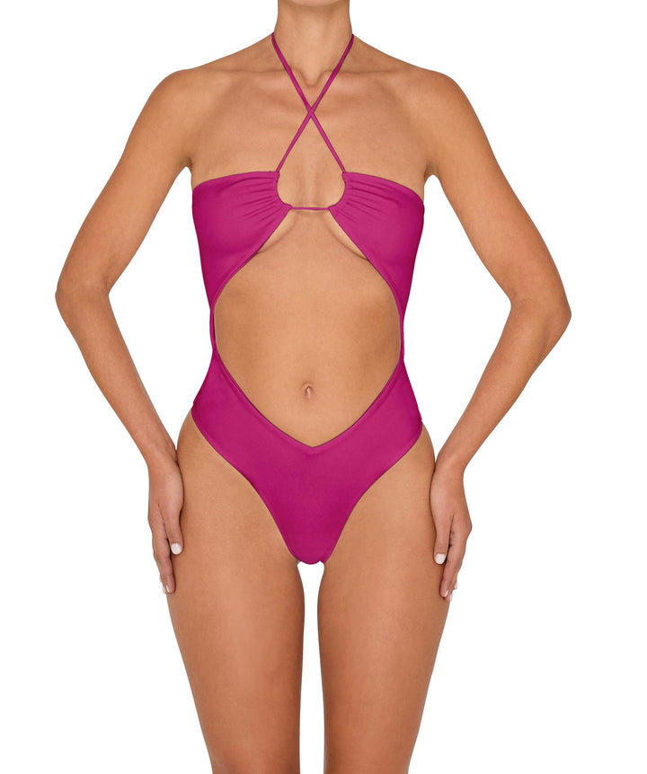 BSWS-S82 Halter Tie Neck One Piece With Center Front Cutout