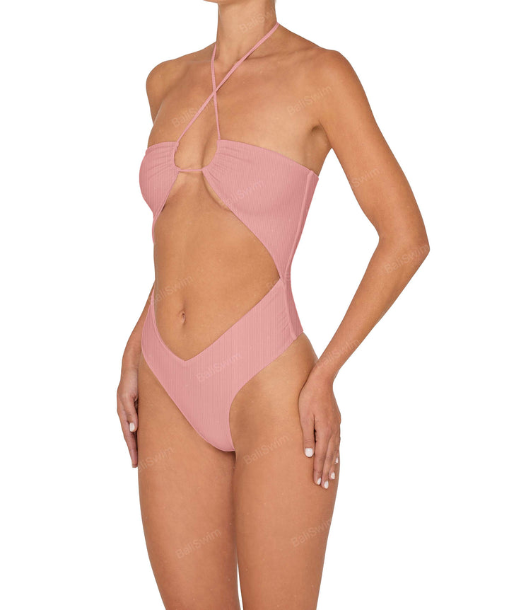 BSWS-S82 Halter Tie Neck One Piece With Center Front Cutout
