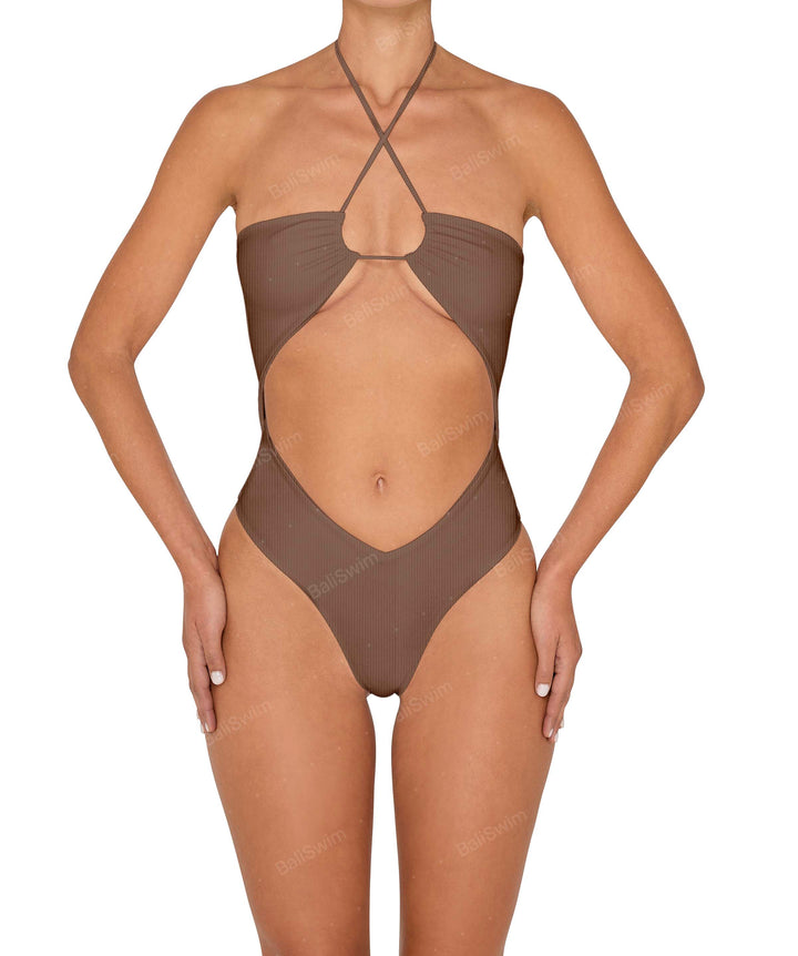 BSWS-S82 Halter Tie Neck One Piece With Center Front Cutout