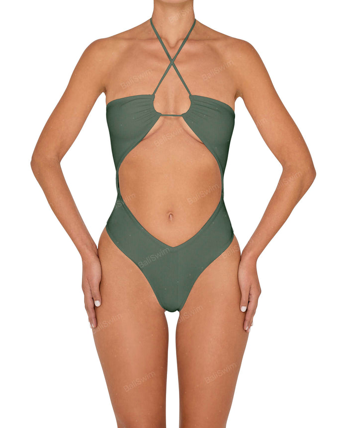 BSWS-S82 Halter Tie Neck One Piece With Center Front Cutout
