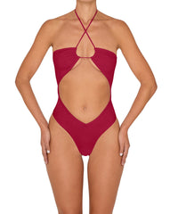 BSWS-S82 Halter Tie Neck One Piece With Center Front Cutout