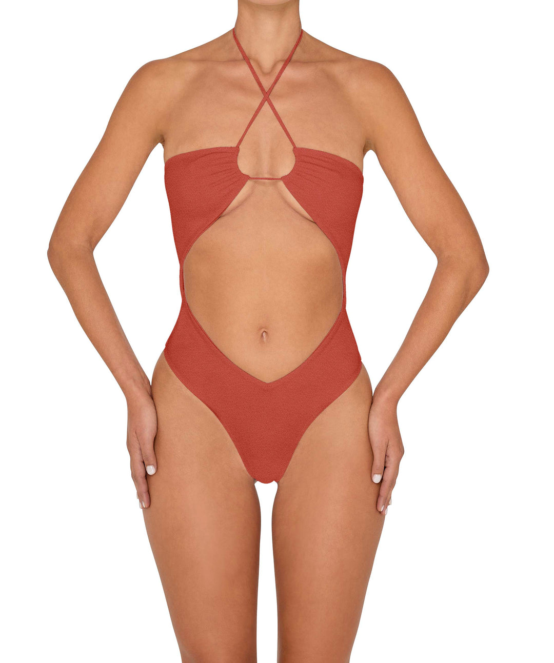 BSWS-S82 Halter Tie Neck One Piece With Center Front Cutout