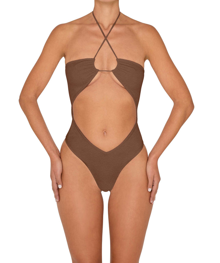 BSWS-S82 Halter Tie Neck One Piece With Center Front Cutout