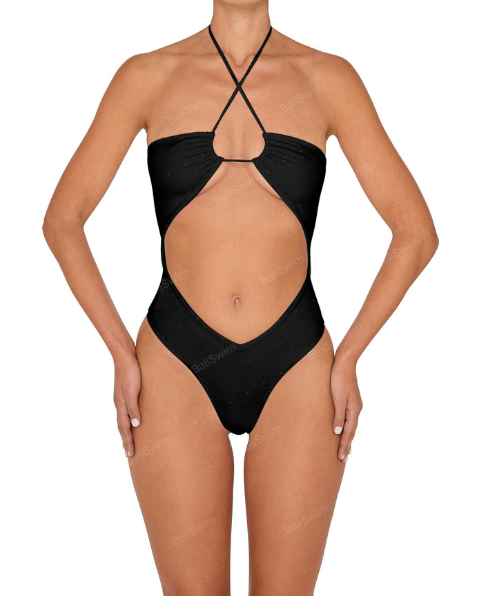 BSWS-S82 Halter Tie Neck One Piece With Center Front Cutout