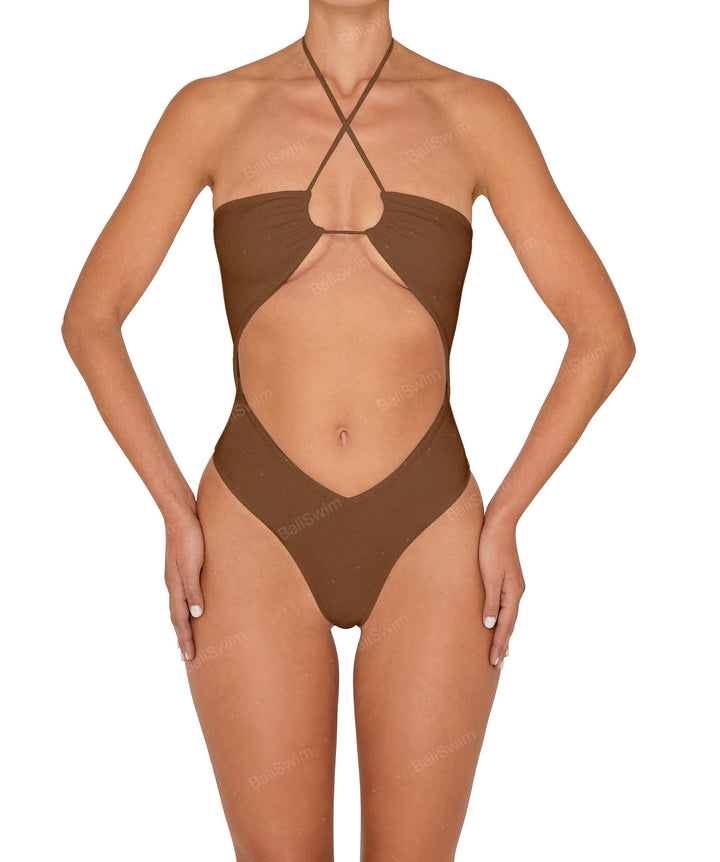BSWS-S82 Halter Tie Neck One Piece With Center Front Cutout