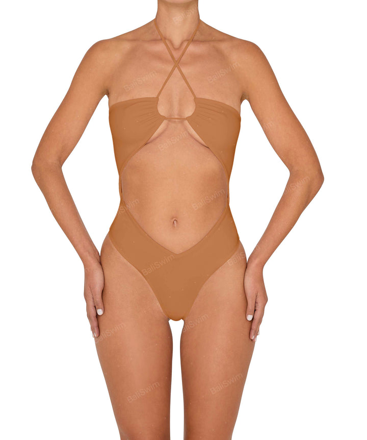 BSWS-S82 Halter Tie Neck One Piece With Center Front Cutout