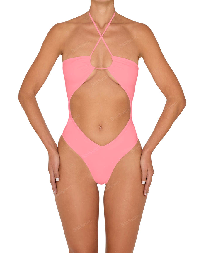 BSWS-S82 Halter Tie Neck One Piece With Center Front Cutout
