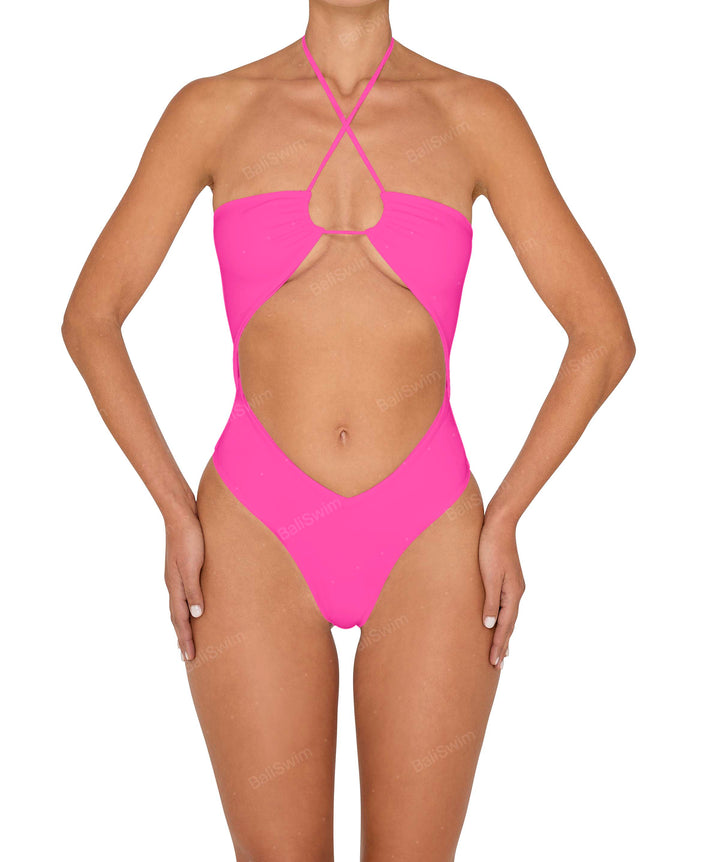 BSWS-S82 Halter Tie Neck One Piece With Center Front Cutout
