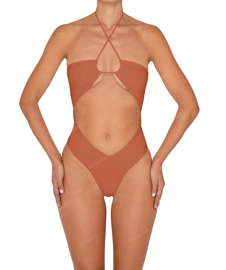 BSWS-S82 Halter Tie Neck One Piece With Center Front Cutout