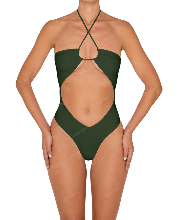 BSWS-S82 Halter Tie Neck One Piece With Center Front Cutout