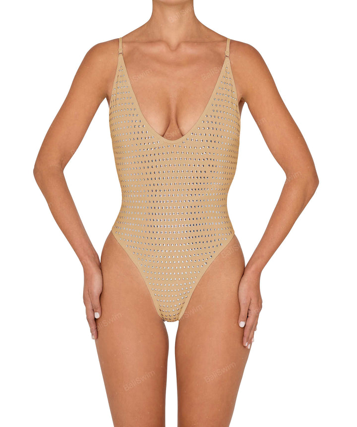 BSWS-S84b Studded Binded Plunge Neck One Piece
