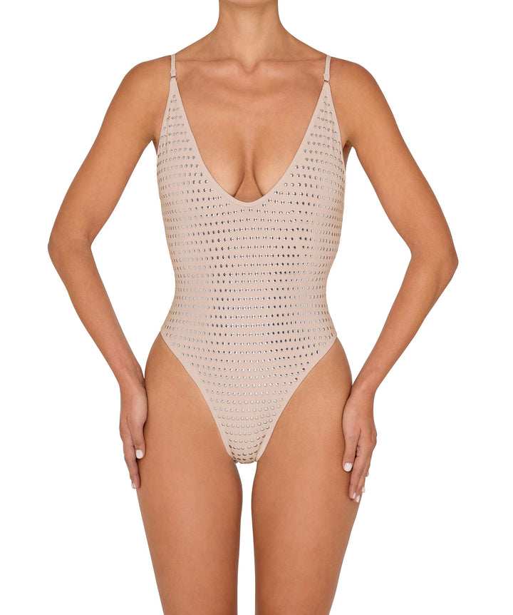 BSWS-S84b Studded Binded Plunge Neck One Piece