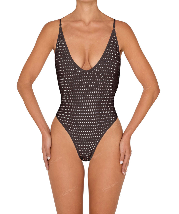 BSWS-S84b Studded Binded Plunge Neck One Piece
