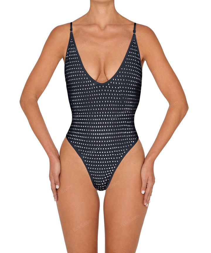 BSWS-S84b Studded Binded Plunge Neck One Piece
