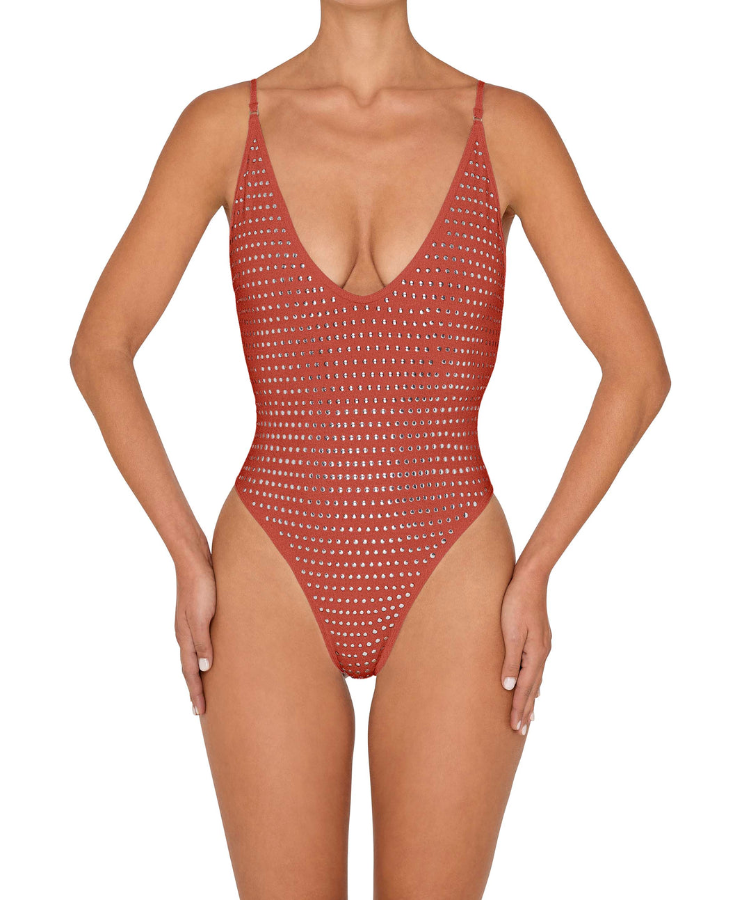 BSWS-S84b Studded Binded Plunge Neck One Piece