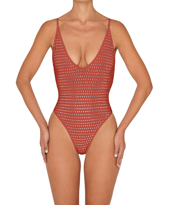 BSWS-S84b Studded Binded Plunge Neck One Piece