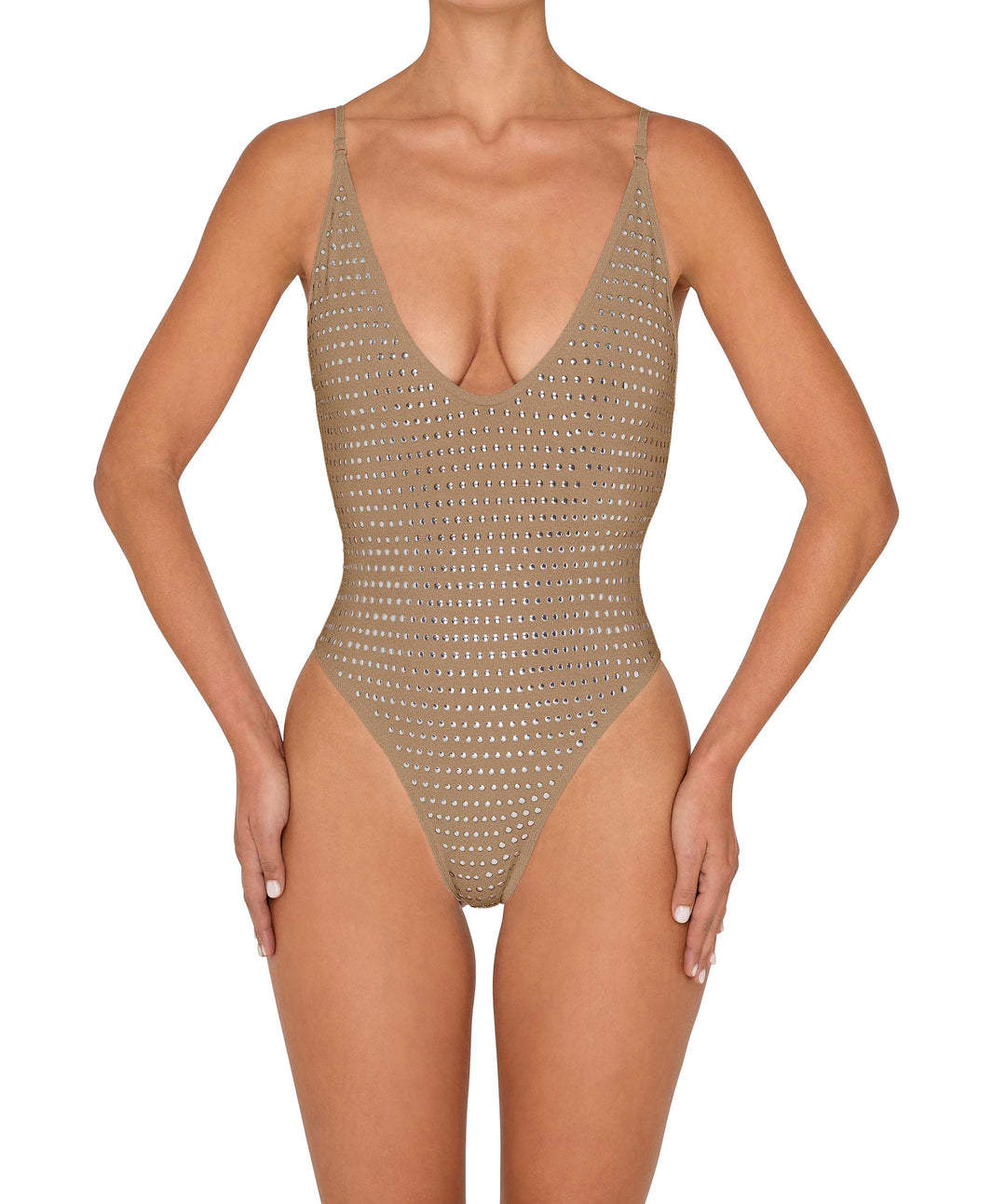 BSWS-S84b Studded Binded Plunge Neck One Piece